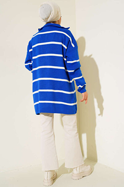 benguen Πλεκτό τουνίκ με φερμουάρ γιακά Saks μπλε ριγέ