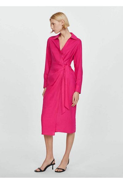 MANGO Woman Φόρεμα με λινό γραβάτα με λεπτομέρεια πουκάμισο