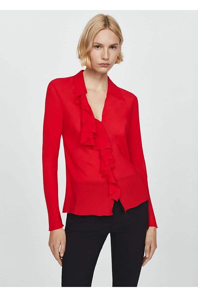 MANGO Woman Volantbluse mit V-Ausschnitt