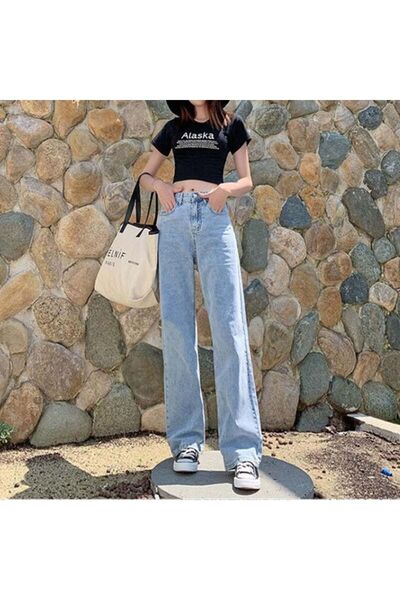 WODDİ 90's Blue Snow Wash Loose Palazzo Wideleg Jean Power Lycra Γυναικεία ψη...