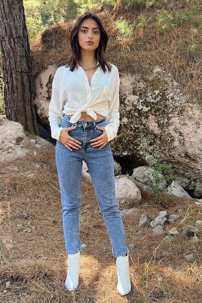 WODDİ Vit Blugi Mom Albastri Deschiși cu Lycra, Talie Înaltă, Spălați cu zăpa...