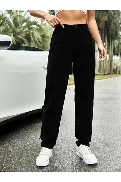 WODDİ Neo Trend Blugi Mom Mold cu talie înaltă pentru femei, negri Od Stonewa...