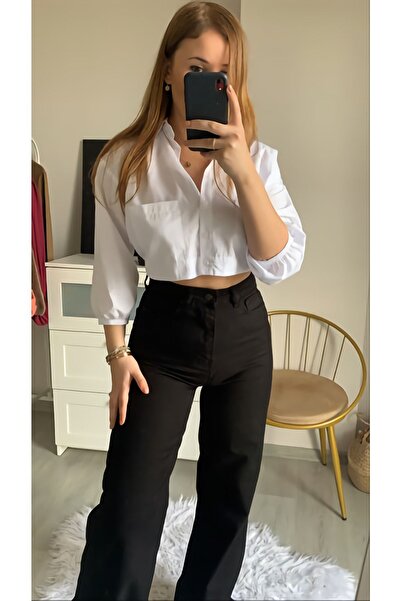 WODDİ μαύρο τζιν ψηλόμεσο Μαύρο Palazzo Jeans Lycra ελαστικό τζιν παντελόνι