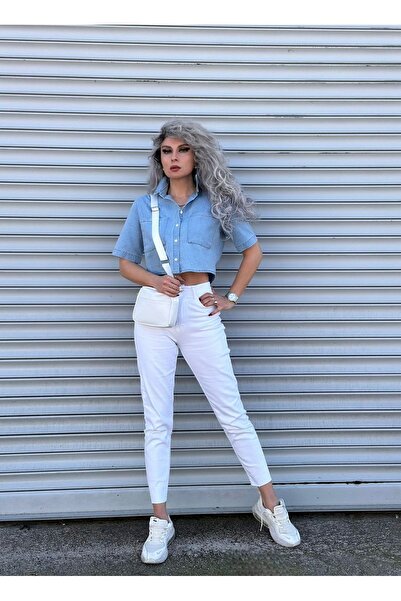 WODDİ Lycra alb Mom Jean