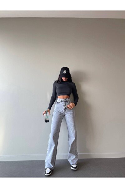 WODDİ سراويل جينز نسائية فضفاضة من الليكرا باللون الأزرق ذات خصر عالٍ للغاية ...