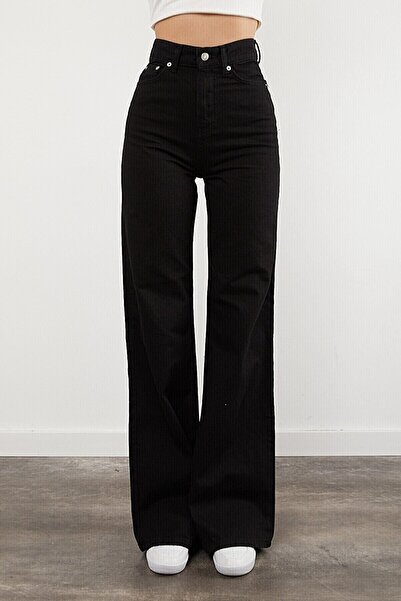 WODDİ Ψηλόμεσο γυναικείο μαύρο τζιν παντελόνι μαύρο φαρδύ τζιν Lycra Flexible...