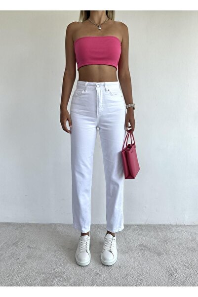 WODDİ Ψηλόμεσο λευκό Mom Jeans Lycra Stretchy τζιν παντελόνι 2024