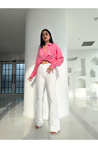 WODDİ Blugi evazați alb, care nu se decolorează, cu lycra suplimentară, talie...