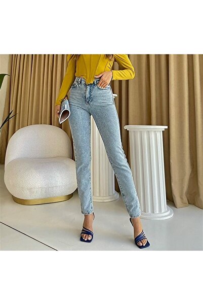 WODDİ Mom Jeans Lycra Ψηλόμεσο Μπλε Snow Washed Mom Jeans 2024