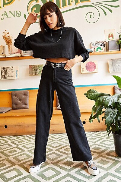 WODDİ Μαύρο τζιν παντελόνι με φαρδύ πόδι Palazzo φαρδύ πόδι 2024