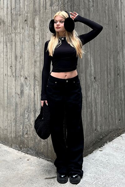 WODDİ Γυναικείο μαύρο φαρδύ τζιν παντελόνι 2024