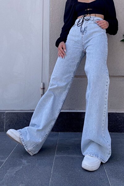 WODDİ Claire Light Blue Snow Wash Παντελόνι τζιν με φαρδύ πόδι με σούπερ ψηλή...