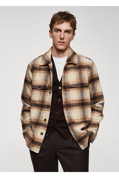 MANGO Man Checkered Wool Blended Shirt Jacket