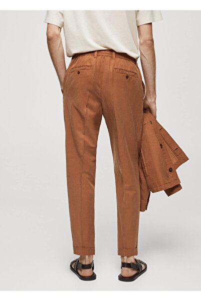 MANGO Man Dar Kesim Keten Karışımlı Büzgülü Pantolon