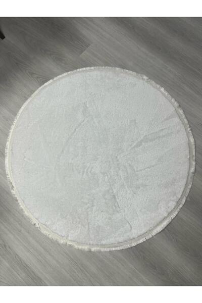 SARAR HALI Yuvarlak Beyaz Klasik Saçaklı Kaymaztaban Peluş Post Yolluk Yıkanabilir Halı