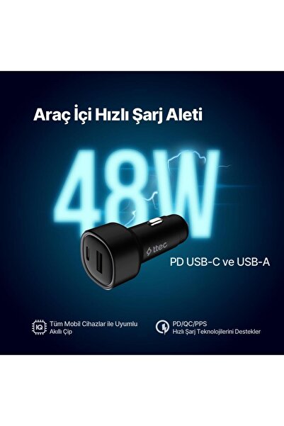 Ttec Süper Hızlı 48w 1xusb Ve 1x Type-c Araç Şarj Cihazı, 12/24v Çakmaklık Girişli Akım Korumalı