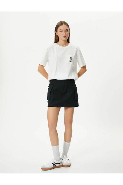 Koton Pocketed T-Shirt Embroidered Detailed Short Sleeve Crew Neck Cotton