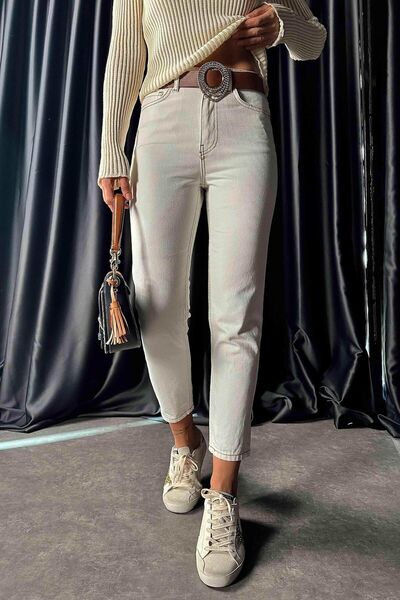 WODDİ Penolope Women's Thread Detailed Women's Jean Trousers Ecru