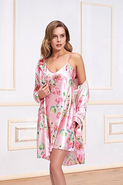 Nurteks Women's Pink Satin Kimono Set 2 Pieces 5357