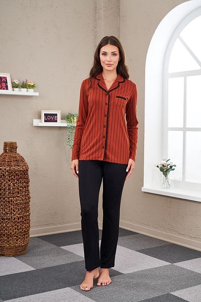 PJS 23538 Set pijama cu dungi cu nasturi pentru damă