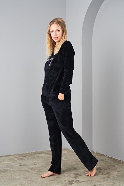 PJS 24579 Kadın Sıfır Yaka Kadife Spor Takım