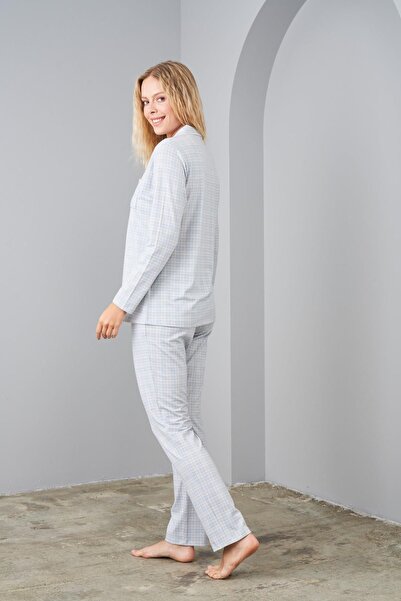 PJS 24570 Жіночий піжамний комплект з ґудзиками в клітинку