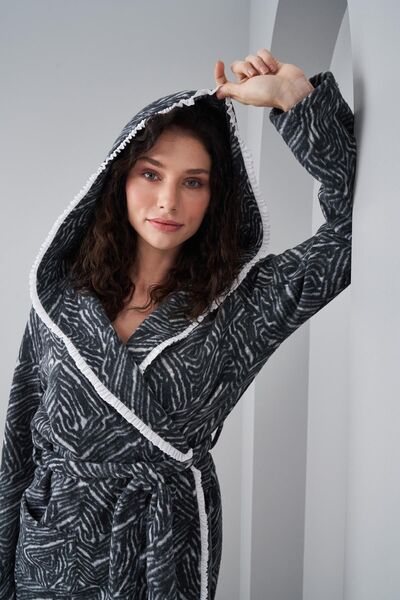 PJS 24557 Women's Fleece Frilly Hooded Dressing Gown