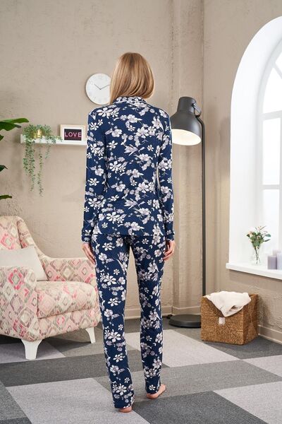 PJS 23512 Kadın Desenli Düğmeli Pijama Takım