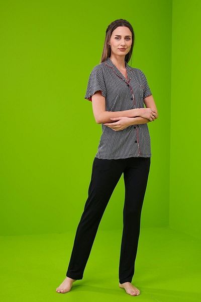 PJS 23225 بدلة بيجامة نسائية بأزرار من القماش القطني