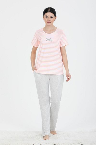 PJS 24235 Set pijamale din bumbac cu mânecă scurtă, cu dungi, cu imprimeu de pisici