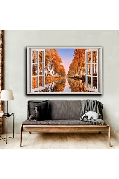 Şehzat Pencere Motifli Sonbahar Manzara Tablosu S9|kanvas Tablo