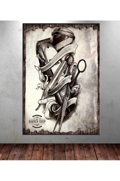 Şehzat Gri Berber Dükkanı Tablosu Berber Aletleri Kanvas Tablo