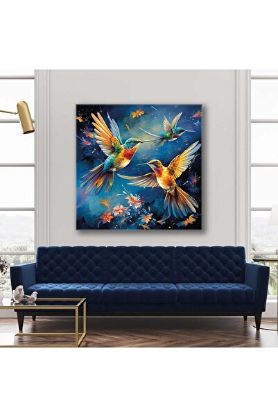 Şehzat Karşılıklı Uçan Sinek Kuşu Çifti Çiçekler Kare Kanvas Tablo