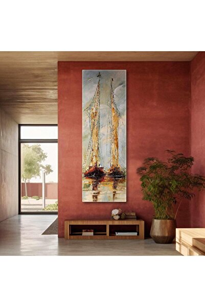Şehzat Üç Yelkenli Ve Martılar Dikey Panaromik Kanvas Tablo