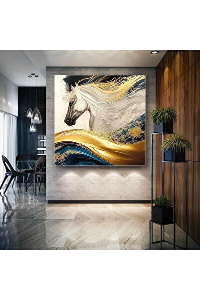 Şehzat Beyaz At Gold Dalgalar Asil Hayvan Kare Kanvas Tablo