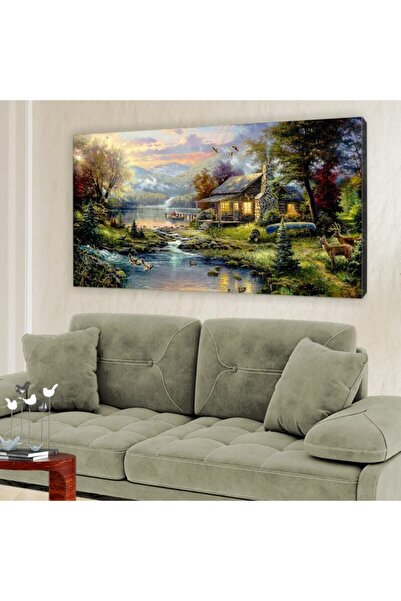 Şehzat Orman Evi Göl Yağlı Boya Görünüm Kanvas Tablo 60x120cm