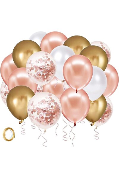 Paparti 20 Adet - Metalik Gold Beyaz ve Rose Gold Konfetili Balon Seti