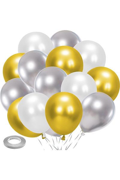Paparti 30 Pieces Metallic Gold - Silver and White Balloon Set
