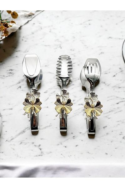 AFİLİ CONSEPT Silver Metal Butterfly Pattern Salad, Pasta and Cake - Set of 3