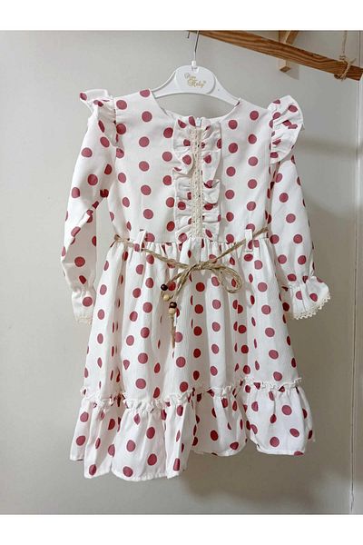 krm kerem bebe Rochie pentru fetiță din twill - cu buline, mâneci lungi și detaliu cu volane
