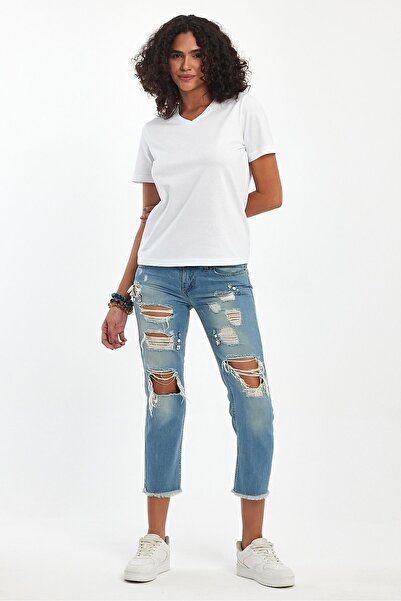 Soho Mood Γυναικείο βασικό μπλουζάκι λευκό V λαιμόκοψη 100% βαμβάκι