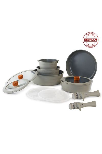 NEOFLAM Midas Gray 18-Piece Interlocking Induction Pot and Pan Set with Detachable Handle