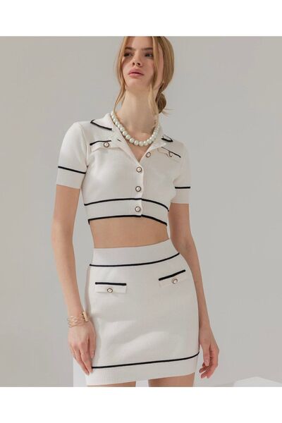 Rhosus Γυναικείο Σετ Πόλο γιακά Περλέ Μπεζ Φούστα με κουμπιά/crop Διπλό Σετ