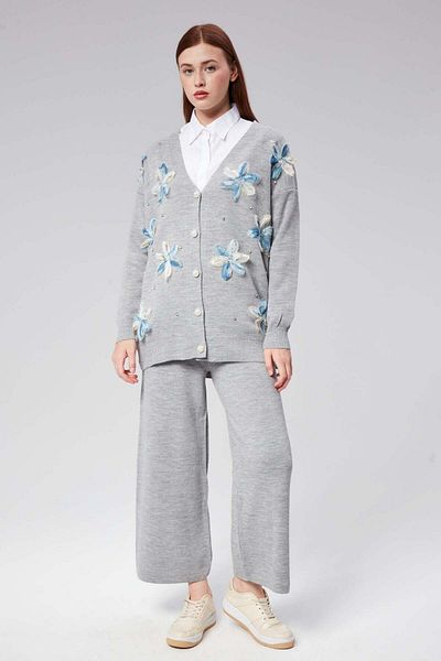 Hatun Atila Hatunatila Tulle Flower and Pearl Detailed Cardigan Double Set - 3046