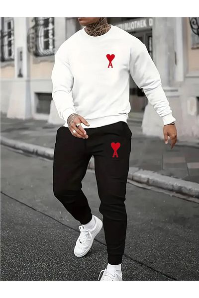 YOHO SPORT Σετ βαμβακερής φόρμας Heart Printed - Σετ χειμωνιάτικο φούτερ και παντελόνι Unisex
