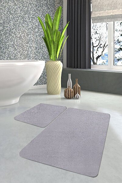 Sarar Ikili Banyo Paspası Klozet Takımı Açık Gri Post Peluş Halı Antibakteriyel