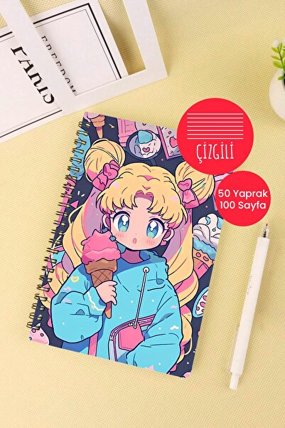 Anime Marketi دفتر مدرسي Moon Warrior مقاس A5 حلزوني 50 ورقة 100 صفحة - مسطر