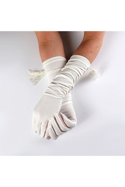 SeddA White Long Tassel Bridal Gloves, Prom Invitation, Waltz Gloves
