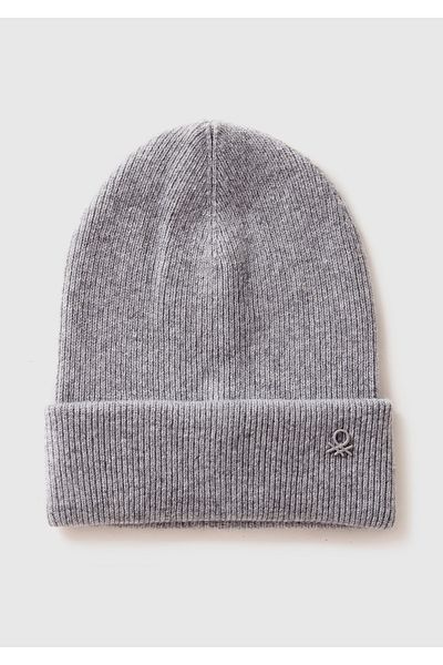 United Colors of Benetton Boy's Gray Melange Logo Printed Curved Knitted Beret