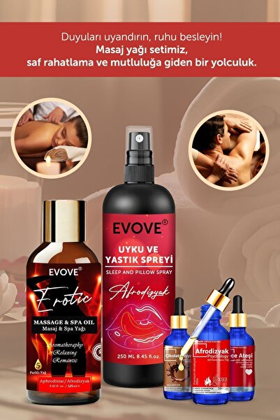 Evove Cosmetics Etkili Erotik Set Aromaterapi Masaj Yağı-Uyku ve Yastık Spreyi- Esansiyel Yağ Seti